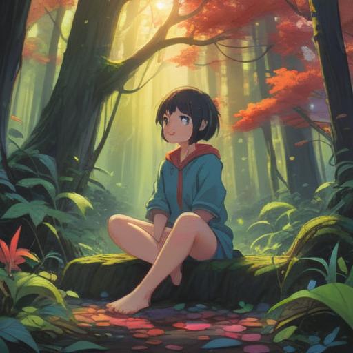 A serene and introspective scene, soft ethereal glows, a figure sitting cross-legged in a peaceful forest, surrounded by gentle spirits of nature, symbolizing energy flow and balance, a sense of tranquility and solitude, deep connection to the universe, intricate natural details, warm light filtering through the trees, conveying spiritual renewal and introspection, 4k