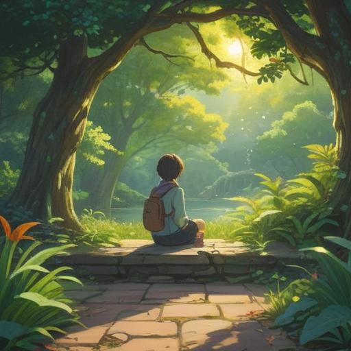 A serene and introspective scene depicting a person sitting alone in a tranquil park, surrounded by lush greenery, soft sunlight filtering through the leaves, a gentle breeze rustling the grass, reflecting on personal growth and inner peace, symbols of spirituality like a small zen garden nearby, a sense of calm and enlightenment, 4k resolution