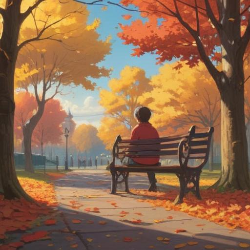 A serene digital painting, a person sitting alone on a park bench, surrounded by fading autumn leaves, soft sunlight filtering through trees, contemplative expression, ethereal glowing orbs in the air, representing spiritual signs, gentle hint of a pathway leading to a brighter horizon, peaceful atmosphere, calming colors, introspective mood, 4k