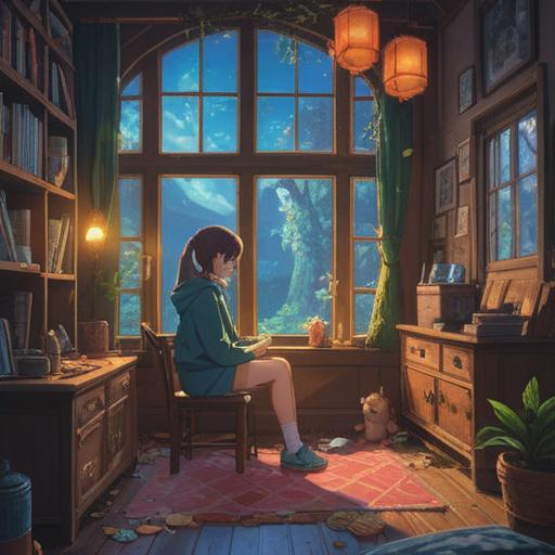 A serene illustration depicting a cozy room filled with various lucky charms, soft natural lighting filtering through a window, a person sitting comfortably with a book, surrounded by calming decorations, a feeling of tranquility and comfort, warm colors, inviting atmosphere, subtle details in the room, 4k