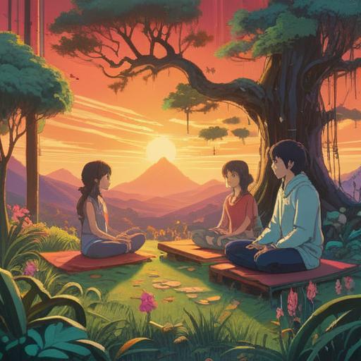 A serene scene depicting friends engaging in a digital detox retreat, surrounded by nature, practicing mindfulness through meditation and yoga, sharing heartfelt conversations, enjoying wholesome meals together, fostering deeper connections, vibrant greenery, calm water, sunlit atmosphere, 4k