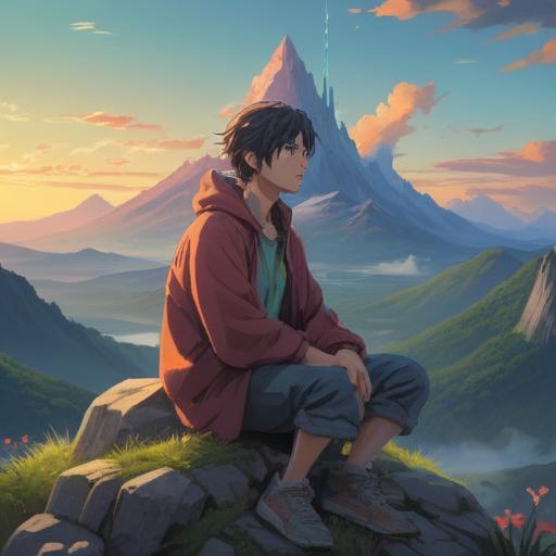 A serene and introspective scene, a solitary figure sitting cross-legged on a mountain top, surrounded by ethereal light, symbols of spiritual growth and self-discovery, soft and calming colors, gentle wind rustling through trees, vibrant nature in the background, peaceful expression, harmonious atmosphere, 4k