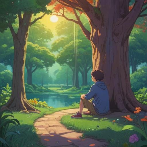 A contemplative scene depicting a person sitting alone in a serene park, surrounded by nature, observing distant groups of friends interacting, subtle signs of aura around them symbolizing spiritual energy, a gentle breeze rustling leaves, warm sunlight filtering through trees, soft reflections on a nearby pond, promoting a sense of introspection, emotional depth, and clarity, 4k