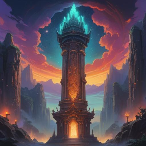 A mystical and ethereal scene depicting a spiritual pillar, surrounded by glowing energy, ancient symbols floating in the air, a serene landscape in the background with a twilight sky, a figure meditating at the base of the pillar, radiating calm and enlightenment, rich colors, intricate details, harmonious atmosphere, 4k