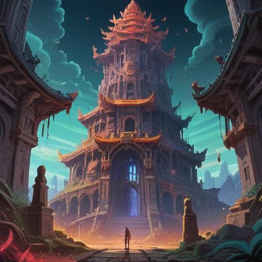 A surreal digital artwork, a towering ancient structure symbolizing sacrifice, intricate carvings representing struggles and growth, a glowing aura depicting enlightenment, contrasting shadows blending hope and despair, vivid colors illustrating emotional depth, reflective water surface conveying introspection, ethereal atmosphere, 4k