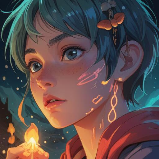 A close-up illustration of a person's chin, featuring a prominent acne spot, surrounded by a glowing aura, symbols of spirituality like chakras and healing light, serene facial expression, soft focus on background, harmonious colors, conveying a sense of inner peace and spiritual growth, 4k