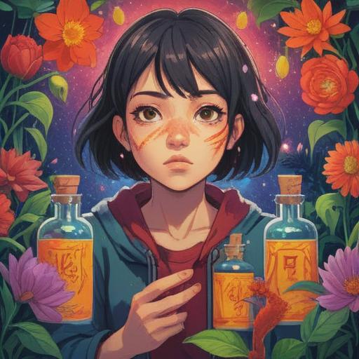 A vibrant illustration depicting a young person confidently facing acne challenges, surrounded by various lucky aroma elements like essential oil bottles and blooming flowers, a soothing color palette, an uplifting atmosphere, expressive facial features showing determination, detailed background showcasing a serene environment, 4k