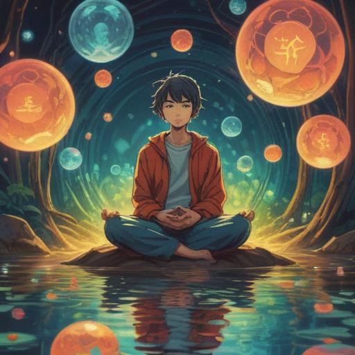 A serene illustration depicting a young person meditating in a tranquil environment, surrounded by floating gentle thoughts represented as soft orbs, a subtle glow illuminating their face, nature elements like blooming flowers symbolizing healing, a sense of peace and mindfulness, light pastel colors, emphasis on mental well-being, 4k