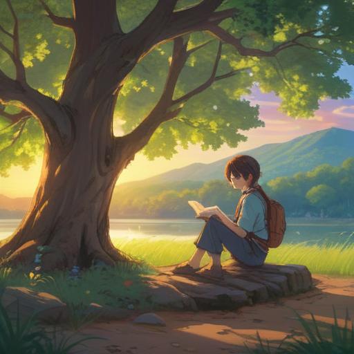 A serene self-reflection scene, someone sitting peacefully under a tree, journal in hand, contemplating life choices, soft sunlight filtering through leaves, gentle breeze rustling, a calming atmosphere, vibrant nature surrounding, symbols of hope and new beginnings, 4k