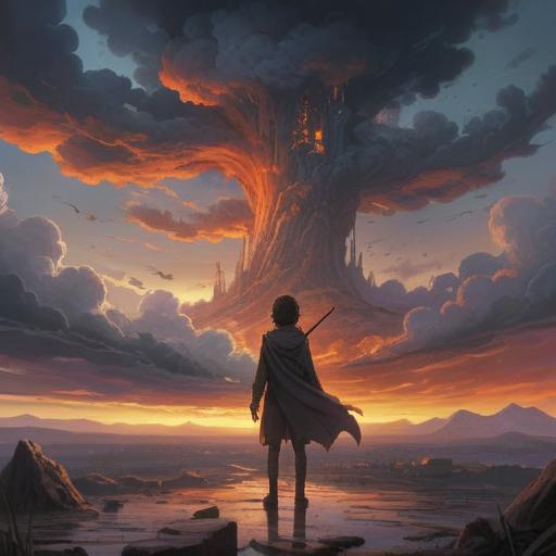 A surreal representation of a figure standing at the crossroads of despair, surrounded by dark clouds symbolizing hopelessness, ethereal light illuminating a path of potential, fragile petals falling from a wilting flower, contemplative expression on the figure's face, a symbolic tear reflecting the burden of lost dreams, haunting yet beautiful atmosphere, deep emotional resonance, 4k