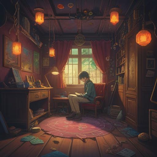 A surreal illustration depicting a person sitting in a dimly lit room, surrounded by faded memories, a glowing lucky charm floating above, symbols of hope and fortune scattered around, a sense of introspection and transformation, atmospheric lighting, a poignant atmosphere, cartoonish style, vibrant contrast, 4k