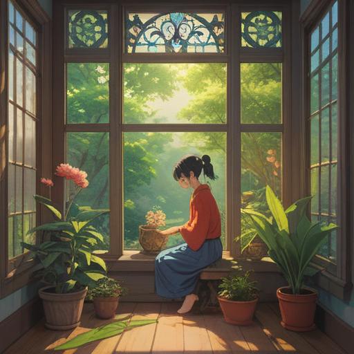A serene morning scene, a person performing small rituals, like lighting a candle and arranging plants, warm sunlight filtering through a window, gentle ambiance, simple yet meaningful actions, feeling of harmony and positivity, focus on mindfulness, inviting good fortune, tranquil home setting, 4k