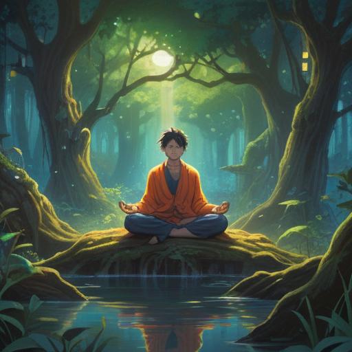 A mystical scene illustrating spiritual signs to watch for before life's balance is restored, ethereal light filtering through ancient trees, a figure meditating on a serene riverbank, symbolic elements like feathers and crystals scattered around, tranquil atmosphere, vibrant colors, sense of awakening, deep connection with nature, 4k