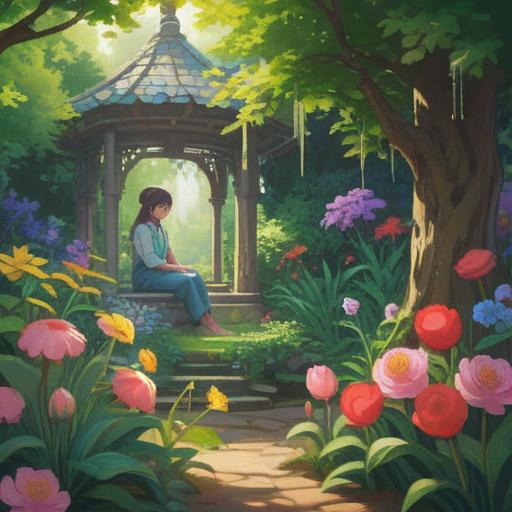 A serene and contemplative scene depicting a person sitting in a tranquil garden, surrounded by blooming flowers and gentle sunlight, meditating with a focused expression, symbolic representation of clarity and renewal, soft pastel colors, peaceful atmosphere, detailed foliage in the background, emphasizing introspection and emotional healing, 4k