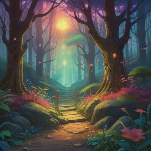 A mystical scene depicting a crossroads in a serene forest, light filtering through trees, ethereal glow surrounding a path, symbolic signs of spiritual guidance like glowing orbs, a traveler contemplating choices, a feeling of tranquility and clarity, inspirational atmosphere, 4k
