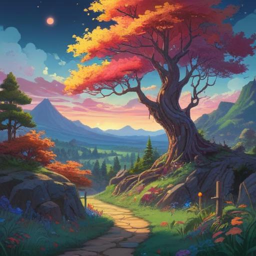 A serene landscape depicting a crossroads, vibrant colors, ethereal light illuminating spiritual symbols, trees representing growth and change, a winding path inviting exploration, gentle breeze suggesting intuition, mystical atmosphere, meaningful journey, 4k