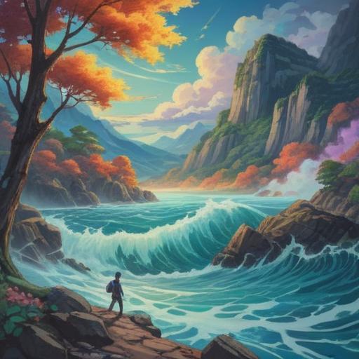 A serene landscape representing the waves of life, spiritual journey, flowing water symbolizing life's ups and downs, vibrant colors reflecting emotions, peaceful sky, silhouettes of individuals navigating their paths, natural elements representing balance and harmony, ethereal atmosphere, 4k