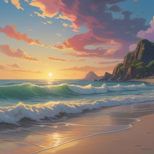 A serene landscape depicting the waves of life, vibrant colors representing spiritual signs, gentle waves lapping at the shore, a radiant light illuminating the path ahead, symbols of growth and harmony in nature, lush greenery and blooming flowers, a peaceful sky with soft clouds, an ethereal atmosphere, 4k