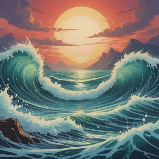 A serene landscape depicting the waves of life, subtle spiritual symbols hidden within the waves, vibrant colors representing emotions, a calm sky above, gentle sunlight illuminating the scene, a figure meditating at the shore, reflective and introspective atmosphere, 4k