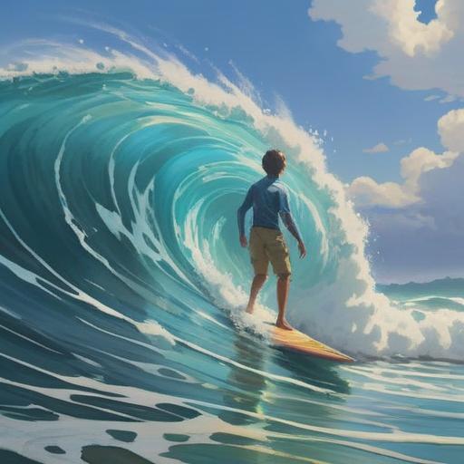 Overcoming the waves of life, a person standing on a surfboard, determined expression, vivid ocean waves crashing around them, clear blue sky, bright sunlight illuminating the scene, elements of luck such as four-leaf clovers and shooting stars in the background, dynamic movement and energy, inspirational theme, 4k