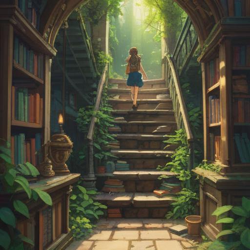 A motivational scene depicting self-growth steps, a person climbing a staircase made of books, lush greenery surrounding the steps, sunlight filtering through the trees, symbols of learning and achievement around, serene expression on the character's face, warm and inviting atmosphere, vibrant colors, inspiration and hope, 4k