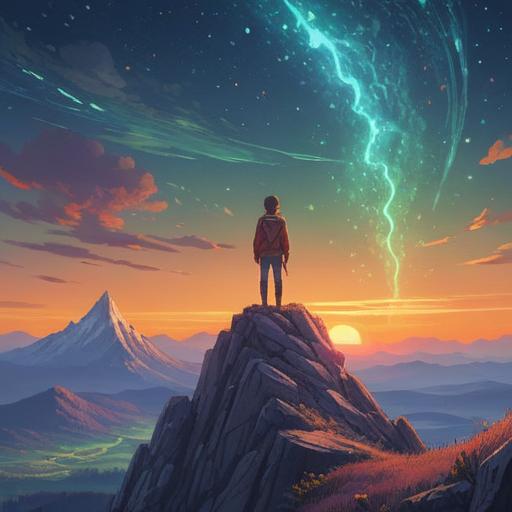 A serene scene depicting a person standing on a mountain peak, looking towards a radiant sunrise, symbols of spiritual guidance like glowing constellations in the sky, an aura of calm and peace surrounding them, lush greenery and blossoming flowers at the base of the mountain, a feeling of hope and enlightenment, 4k
