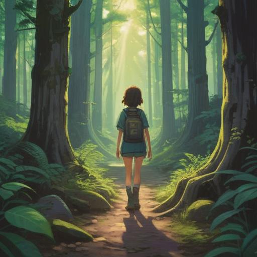 A determined individual standing at the crossroads of a forest path, contemplating their journey ahead, sunlight filtering through the trees, representing choices and opportunities, vibrant colors, a sense of hope and ambition, motivating atmosphere, detailed character expression, 4k