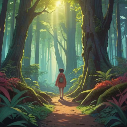 A serene and contemplative scene depicting a person standing at a crossroads in a tranquil forest, soft sunlight filtering through the trees, an air of introspection and reflection, subtle spiritual symbols in the background, vibrant and lush greenery, a sense of hope and clarity, a path leading towards a bright light, detailed character expression, 4k
