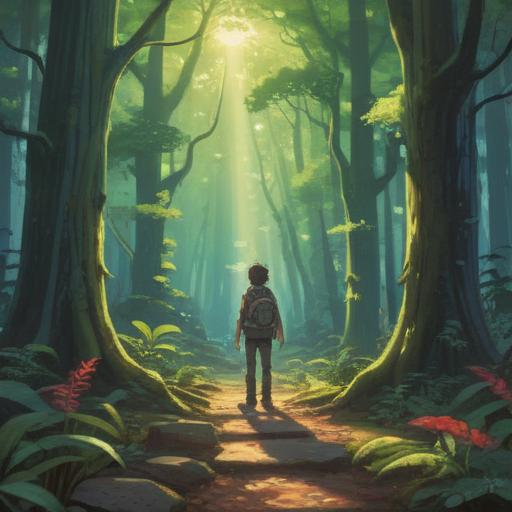 A serene and contemplative scene, a person standing at a crossroads in a tranquil forest, sunlight filtering through the trees, symbols of spiritual awakening surrounding them, ethereal glow, sense of hope and opportunity, contrasting dark shadows representing challenges, vibrant colors signifying positivity, 4k