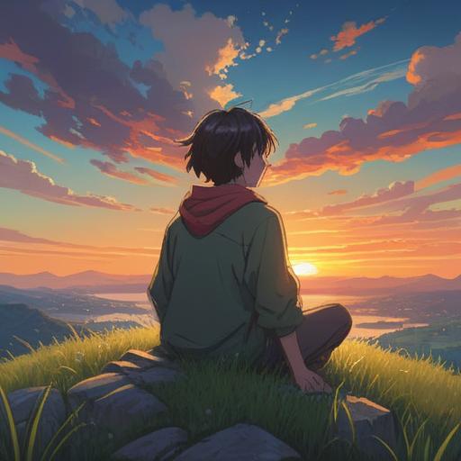 A serene landscape depicting a person sitting on a hilltop, gazing at a vibrant sunset, surrounded by gentle waves of grass, ethereal lights floating in the air, symbolizing inner peace and spiritual awakening, a sense of solitude and reflection, calming colors and harmonious composition, 4k