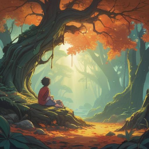 A serene landscape showcasing a tranquil scene, a weary traveler sitting under a large ancient tree, gentle sunlight filtering through the leaves, ethereal light orbs floating nearby, symbols of peace and healing, soft mist rising from the ground, a sense of spiritual awakening, lush greenery, calm water reflecting the surroundings, harmonious colors, 4k