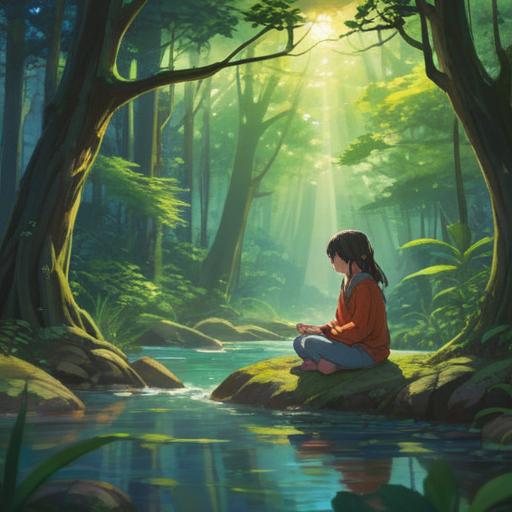 A serene and peaceful scene of a tranquil forest, soft sunlight filtering through the leaves, a gentle stream flowing, a person meditating by the water, surrounded by blooming flowers, calming atmosphere, sense of relief and healing, detailed foliage, natural beauty, 4k