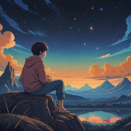 A surreal landscape depicting a person sitting beneath a vast starry sky, surrounded by ethereal light, capturing a moment of contemplation, symbols of transformation and growth, gentle wisps of energy flowing around them, a sense of inner peace amidst chaos, reflective mood, dreamlike colors, 4k
