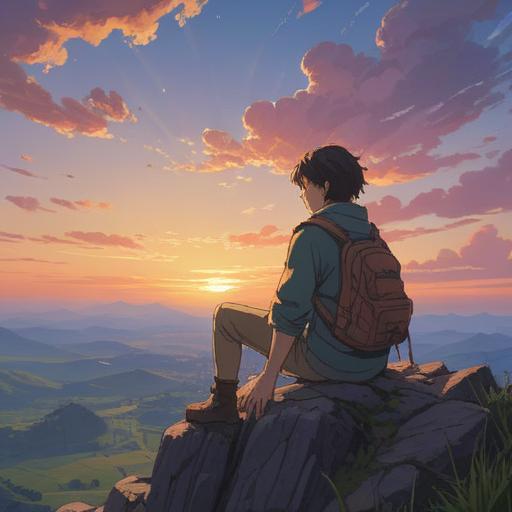A serene landscape depicting a weary traveler sitting on a mountaintop, gazing at the horizon, ethereal light illuminating the scene, representing spiritual awakening, soft clouds drifting by, symbolic elements of peace and introspection, surrounded by nature's beauty, tranquil atmosphere, 4k