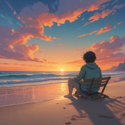 A serene and contemplative scene, a person sitting on a tranquil beach at sunset, deep in thought, gentle waves lapping at the shore, vibrant colors of orange and purple in the sky, symbols of spiritual awakening surrounding them, a sense of peace and introspection, soft light illuminating the figure, 4k