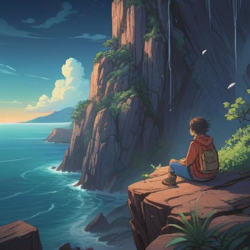 A serene, contemplative scene of a person sitting on a cliff overlooking a vast ocean, ethereal light emanating from the horizon, symbols of rebirth and transformation in the air, tranquil yet profound atmosphere, deep reflections on life's journey, presence of nature embodying peace, spiritual awakening elements, 4k