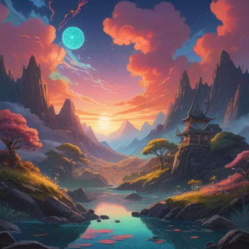 A surreal landscape depicting a life pause button, vibrant colors, ethereal light, symbols of transformation and rebirth, serene atmosphere, metaphysical elements, gentle flowing streams, blooming flowers representing new beginnings, 4k