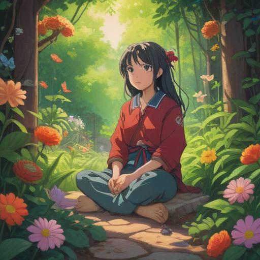 A serene scene depicting a person sitting cross-legged in a tranquil garden, surrounded by blooming flowers and gentle sunlight, taking deep breaths to clear their mind, soft breeze rustling the leaves, a peaceful expression on their face, symbolic items like a journal and pen nearby, representing self-reflection and new beginnings, clear blue sky, harmonious atmosphere, vibrant colors, 4k