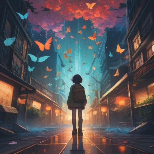 A serene and introspective scene, a person standing at a crossroads, surrounded by ethereal light, symbolic signs of transformation like butterflies and blooming flowers, a distant mountain representing new beginnings, soft pastel colors, tranquil atmosphere, detailed expressions of contemplation, a hint of cosmic elements in the sky, 4k