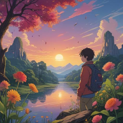 A thought-provoking scene depicting a person contemplating a reset in life, surrounded by symbols of new beginnings such as a sunrise, blooming flowers, and turning pages of a book, expressing a sense of hope and motivation, serene atmosphere, gentle lighting, introspective mood, 4k