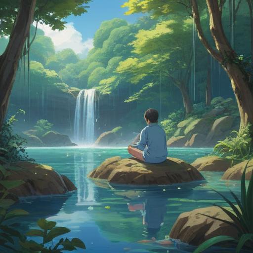 A serene scene depicting a person meditating in a tranquil nature setting, surrounded by gentle flowing water and lush greenery, clear blue sky overhead, soft sunlight filtering through leaves, a sense of calm and renewal, symbolic elements like blooming flowers and butterflies representing transformation, peaceful expression on the person's face, 4k