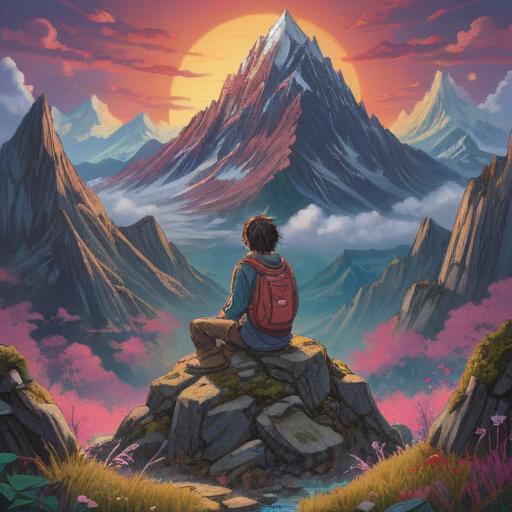 A spiritual interpretation of life's challenges, personified as a mountain range representing hardships, a figure meditating at the summit, ethereal light breaking through clouds, symbolic elements of growth and resilience, serene yet powerful atmosphere, deep colors, 4k