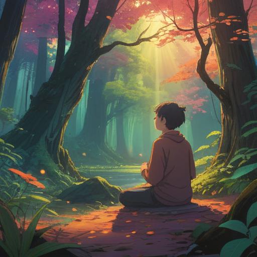 A serene and introspective scene, a person meditating in a peaceful forest, ethereal light filtering through the trees, symbols of spiritual signs like feathers and angel numbers in the air, a sense of calm and introspection, vibrant yet soothing colors, the contrast of nature’s beauty and inner struggle, moment of clarity and reflection, 4k