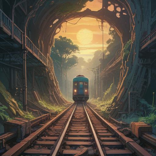 A surreal illustration depicting a spiritual interpretation of encountering a personal accident, ethereal figures hovering around a train track, a blend of light and shadow representing life and fate, abstract symbols of transformation and healing, emotional expressions on characters' faces, a misty and dreamlike atmosphere, rich colors reflecting inner turmoil and awakening, 4k