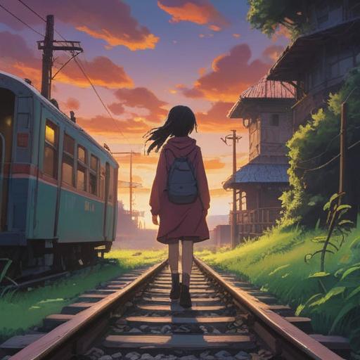 A mystical scene depicting a person standing at the edge of a serene train track, surrounded by a soft, ethereal light, symbolizing transformation and spiritual awakening, gentle reflections in the air, vibrant flowers blooming along the track, a sense of hope and rebirth, calming atmosphere, detailed background of a lush landscape, 4k