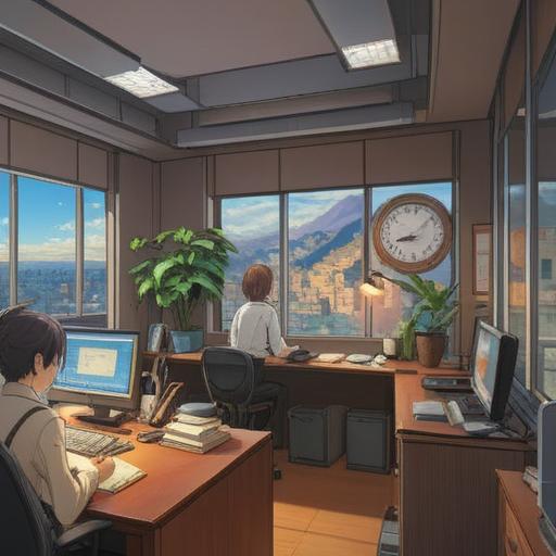 A serene office environment, employees engaging in conversations, subtle energy shifts felt in the air, a clock showing the precise moment of change, symbols of growth and transition like leaves or butterflies, soft glowing light aura around individuals, harmonious balance of energies, 4k