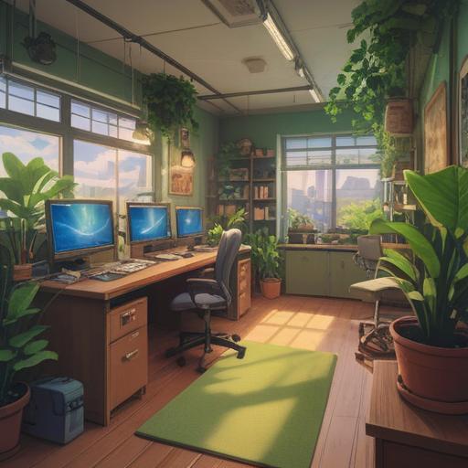 A motivational office scene, a desk with a lucky charm on it, plants promoting a positive atmosphere, colleagues chatting happily, a bright window letting in sunlight, symbols of success like a trophy or certificate nearby, harmonious environment, professional yet inviting, 4k