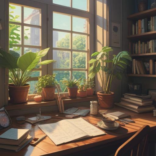 A serene morning scene, a desk with a planner and coffee, sunlight streaming through a window, fresh plants nearby, a calm and focused atmosphere, tools for productivity, symbolic representation of routines, encouraging environment, 4k