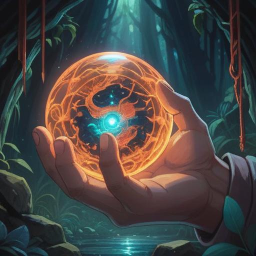 A close-up of a hand gently holding a glowing orb, spiritual energy radiating from the index finger, intricate patterns of light swirling around, serene expression on the face, ethereal background with soft hues, symbolic representation of pain and healing, mystical atmosphere, 4k