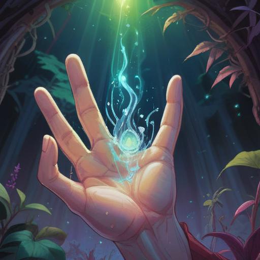 A conceptual illustration of a person's hand with a highlighted index finger, surrounded by ethereal light and symbols representing spiritual awakening, a tranquil setting with soft natural elements, serene facial expression, connection to the universe, subtle auras, detailed close-up, 4k